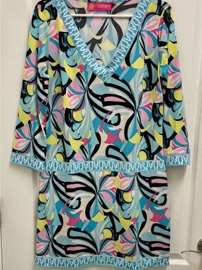 Macbeth Collection by Margaret Josephs Pink and Blue Abstract Dress Sz L